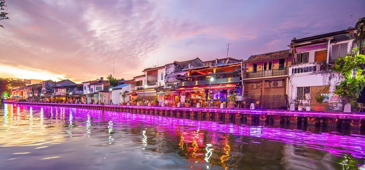 The old town of Malacca, Melaca and the Malacca river. UNESCO World Heritage Site in Malaysia at twilight