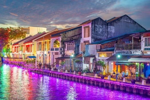 The old town of Malacca, Melaca and the Malacca river. UNESCO World Heritage Site in Malaysia at twilight
