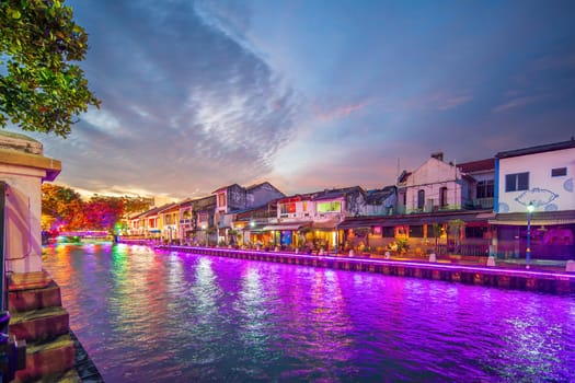 The old town of Malacca, Melaca and the Malacca river. UNESCO World Heritage Site in Malaysia at twilight