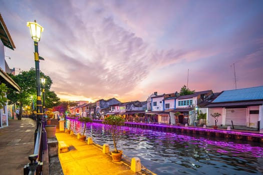 The old town of Malacca, Melaca and the Malacca river. UNESCO World Heritage Site in Malaysia at twilight