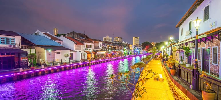 The old town of Malacca, Melaca and the Malacca river. UNESCO World Heritage Site in Malaysia at twilight