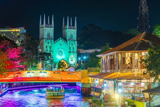 The old town of Malacca, Melaca and the Malacca river. UNESCO World Heritage Site in Malaysia at night