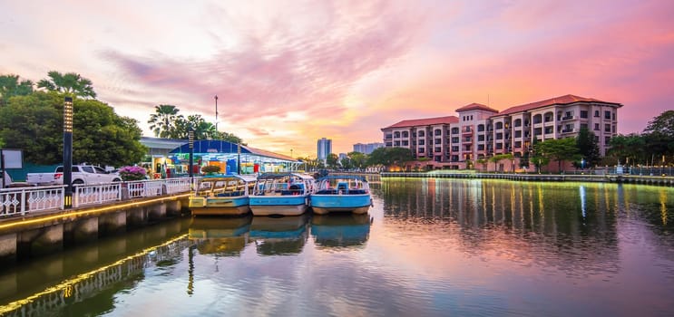 The old town of Malacca, Melaca and the Malacca river. UNESCO World Heritage Site in Malaysia at twilight