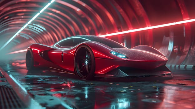 A red sports car with sleek automotive design and bright headlamps is cruising through a tunnel at night, its wheels spinning as it speeds along the road