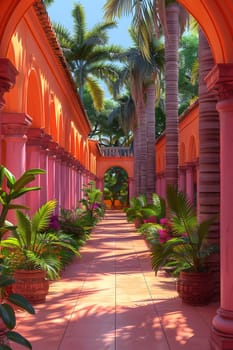 A spacious hallway in the building is adorned with potted plants and palm trees, creating a charming landscape. The vibrant greenery contrasts beautifully with the painted walls and sky fixtures