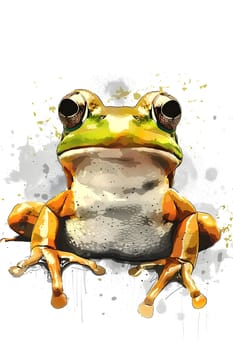 An amphibian organism, specifically a true frog or tree frog, is perched on a white surface, gazing directly at the camera