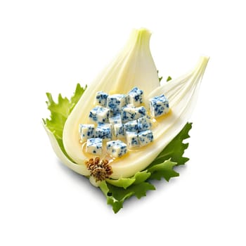 Roquefort cheese crumbled ivory with blue veins served on endive leaves with honey drizzle Culinary. Food isolated on transparent background