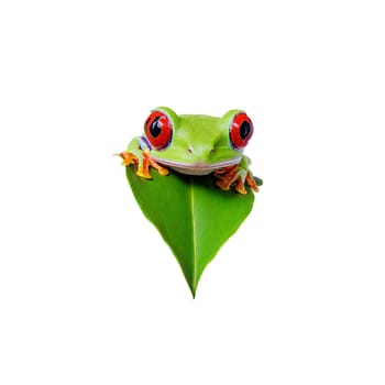 Animal isolated on transparent background. Cute red eyed tree frog Agalychnis callidryas clinging to leaf vibrant green skin striking red.