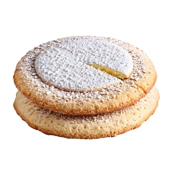 Kourabiedes with butter and powdered sugar in crescent shaped cookie Food and culinary concept. Food isolated on transparent background.