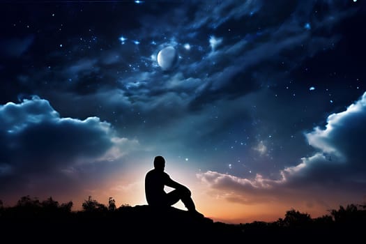 A contemplative silhouette of a man sitting on a rock, set against a serene background, capturing a moment of reflection and solitude.