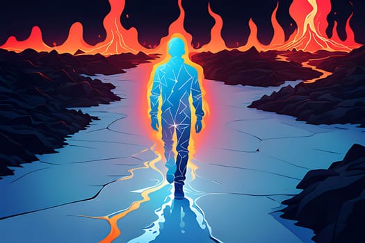 A dramatic silhouette of a man walking in a river with glowing lava and towering mountains in the background, capturing a sense of mystery and adventure.