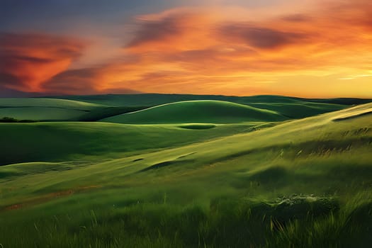 Captivating green rolling hills bathed in the warm glow of a setting sun, perfect for evoking a sense of tranquility and natural beauty in any landscape project.