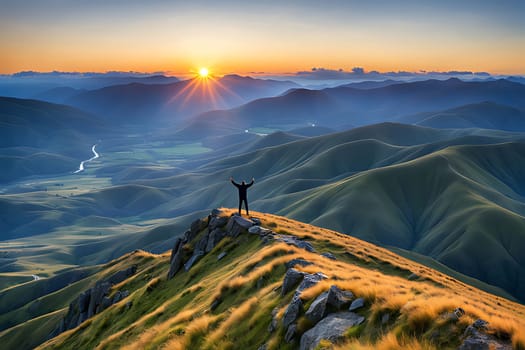 An inspiring scene of a person standing atop a mountain with a stunning sunset in the background, capturing the essence of adventure and achievement.
