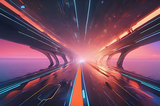 A tranquil road illuminated by streetlights, with a breathtaking pink sky at dusk, ideal for depicting evening travel and scenic routes.