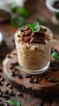 A delightful dish made with rice pudding and coffee beans, served in a glass on a wooden table. This comfort food combines ingredients from terrestrial plants to create a unique delicacy