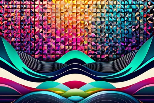 A dynamic background featuring a colorful wave pattern interspersed with geometric squares, perfect for modern and creative design projects.