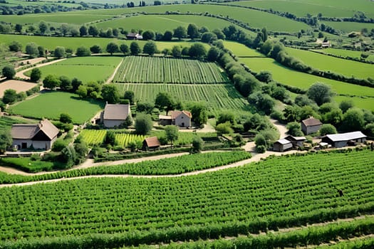A serene landscape featuring lush green fields and scattered trees under a clear sky, perfect for illustrating peaceful nature scenes and rural settings.