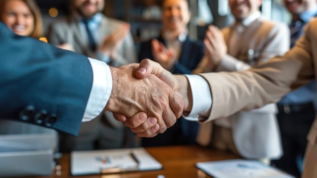 Celebrating Successful Partnerships: Businesspeople Handshake in Office with Colleagues Applauding.