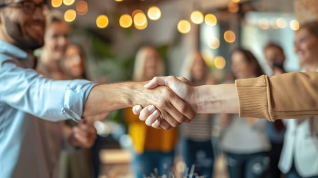 Celebrating Successful Partnerships - Businesspeople Handshake in Modern Office with Colleagues Applauding.