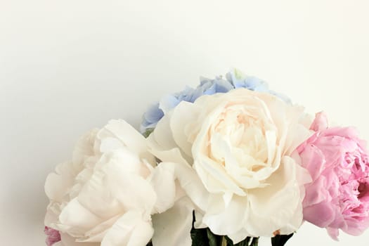 A bouquet of blooming white and pink peonies of delicate color. High quality photo