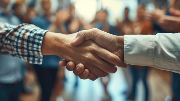 Celebrating Successful Partnership: Businesspeople Shaking Hands in Office with Colleagues Applauding in Background.