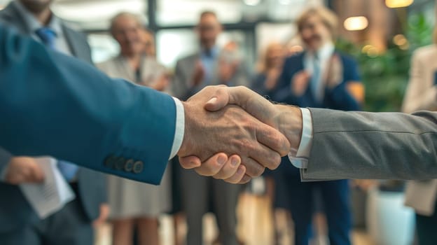 Celebrating Successful Partnerships - Businesspeople Handshake in Contemporary Office with Colleagues Applauding in Background.