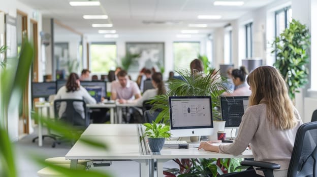 Dynamic Collaboration: Business Professionals Working in Modern Open-Plan Office.