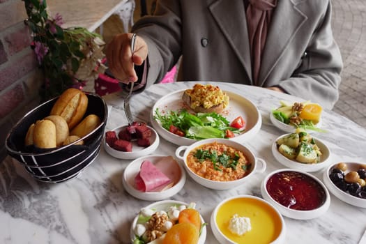 top view of turkish breakfast on table .