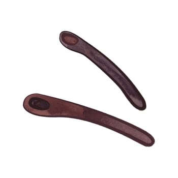 Two dark wooden spoons in sketch style. Clipart. Isolated watercolor illustration on a white background for the design of menus, tea and coffee shops.