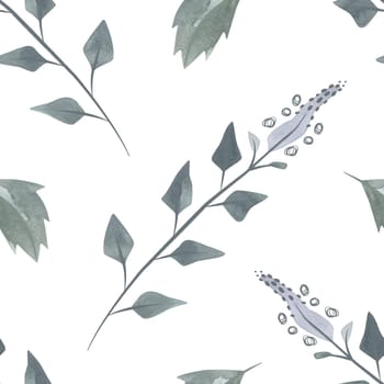 Flowering twigs and leaves of mint or lemon balm in a dusty green color in sketch style. Seamless watercolor pattern for fabric, wallpaper, wrapping paper, packaging cosmetics, tablecloths, curtains and home textiles