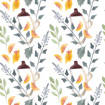 Herb tea. Melissa, mint, glassware, leaves and lemon slices. Seamless watercolor pattern for fabric, wallpaper, wrapping paper, packaging cosmetics, tablecloths, curtains and home textiles