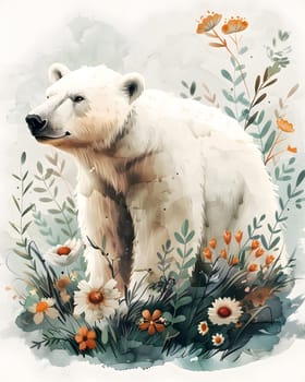 A polar bear, a carnivorous terrestrial animal, stands amidst a field of flowers. Its snout is sniffing the air, surrounded by colorful blooms, in a beautiful piece of art