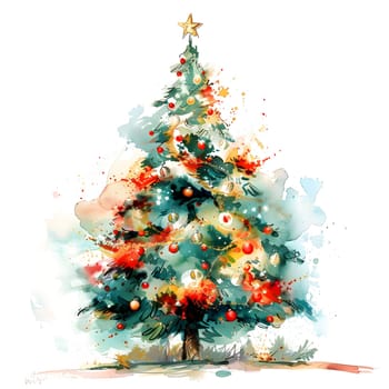A festive watercolor painting of a beautiful Christmas tree adorned with holiday ornaments and a shining star on top, showcasing the spirit of the season