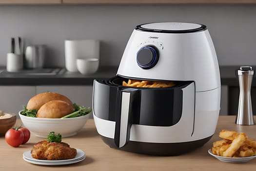 A white and black air fryer with a black handle and a black knob. High quality photo