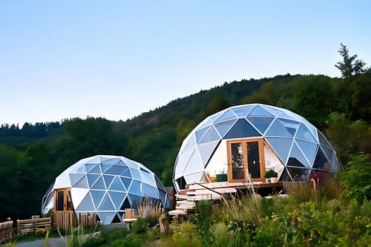 Two geodesic houses in a grassy area. High quality photo