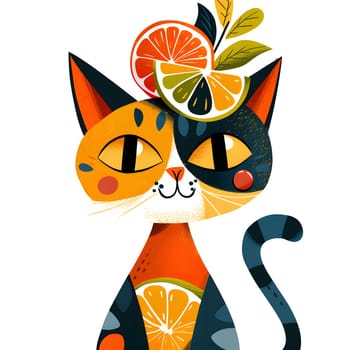 A Felidae with a slice of Rangpur Orange on its head, resembling a piece of art. The carnivore resembles a piece of tableware, inspired by a Clementine painting with citrus fruit
