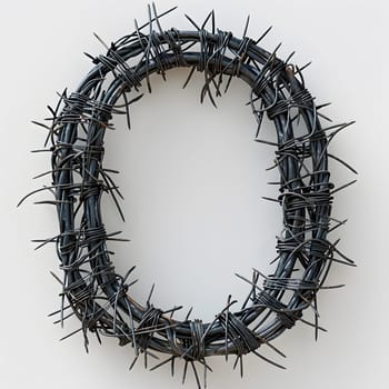 The letter O is comprised of barbed wire on a white background, resembling hair, eyebrow, eyelash, twig, headgear, tree, and an eye within an automotive tire