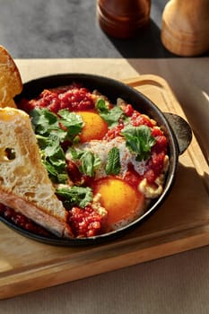 Hearty spicy shakshuka with two eggs and hummus, served with Greek yogurt and crispy toasts seasoned with paprika and fresh greens in cast iron skillet on wooden board