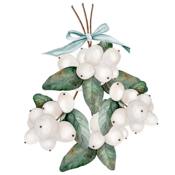 Mistletoe bouquet watercolor. Hand drawing on a white background of an evergreen plant with a blue bow. Clip art of botanical painting. Ideal for cards and invitations for Christmas, New Year and other holidays. High quality illustration