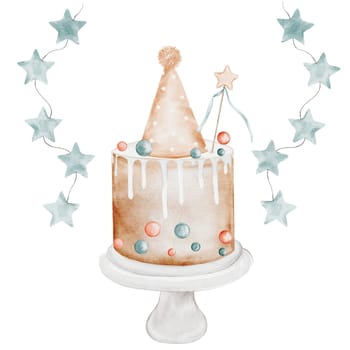 Birthday cake watercolor. Vintage illustration hand drawing of a holiday pie. Clip art isolated on white background sweet pastries. Ideal for designing baby shower and birthday cards and invitations. High quality photo