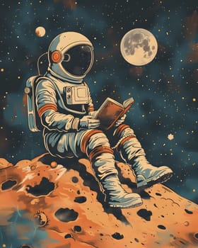 An astronaut, surrounded by astronomical objects, sits on a rock reading a book. The scene is like a painting, blending art and science in a captivating illustration of space