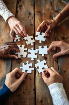 Diverse business people hands matching puzzle pieces together, representing team collaboration and strategy concept.