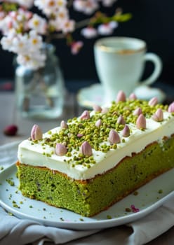 Moist pistachio cake with white icing and pistachios on top on a white plate, modern and elegant.