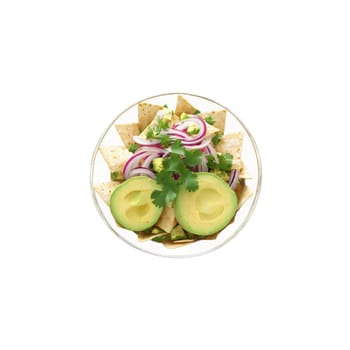 Zesty ceviche bowl with lime marinated halibut avocado red onions and tortilla chips in a. close-up food, isolated on transparent background