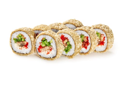 Warm tempura rolls with eel fillet, cream cheese, tobiko roe and cucumbers coated with crispy panko breadcrumbs, presented on white background. Japanese cuisine. Sushi bar menu