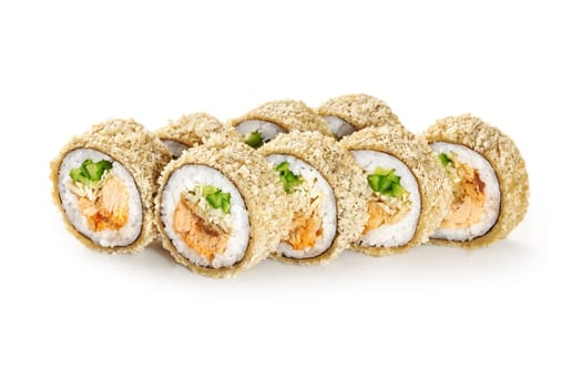 Appetizing crispy tempura rolls with baked salmon, omelette, caramelized onion, napa cabbage and cucumber covered with panko breadcrumbs, isolated on white background. Japanese cuisine