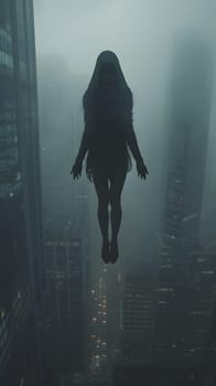 A silhouette of a woman underwater diving in the foggy city, equipped with personal protective gear like a dry suit, exploring the misty darkness below the water surface