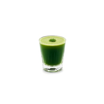 Wheatgrass shot glass small and filled with bright green wheatgrass juice one empty and one. Food isolated on transparent background.