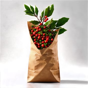 Compostable paper bag overflowing with energy boosting guarana and yaupon holly with stimulating herbs spilling. Food isolated on transparent background.