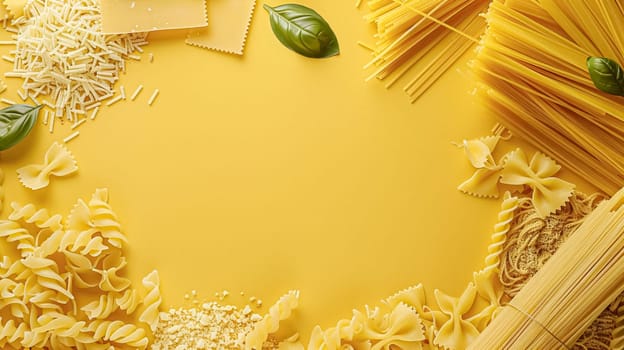 Pasta recipe preparation flatlay background with ingredients, spaghetti, olive oil, garlic, tomatoes and spices in the kitchen, homemade food recipe idea